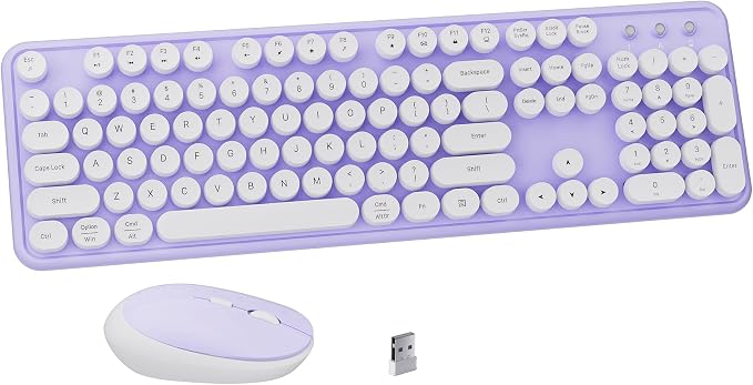 Colorful Wireless Keyboard and Mouse Combo Purple White | Full-Sized Office Keyboard with Typewriter Flexible Keys, 2.4GHz Dropout-Free Connection, Optical Mouse for PC Laptop by FCPLU
