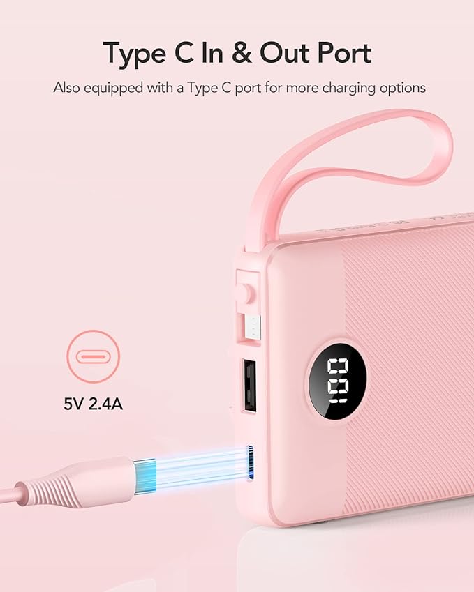 VRURC Portable Charger Power Bank, Built-in 4 Cables & 2 Ports 10000mAh | LED Display Slim Battery Pack,Compact Travel Essential Portable Phone Charger 5 Output for Multi Devices,Student/Teens(1Pack) - Image 3