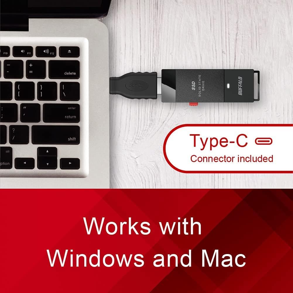 BUFFALO External SSD 2TB - Up to 600MB/s - USB-C - USB-A - USB 3.2 Gen 2 (Compatible with PS4 / PS5 / Windows/Mac) - External Solid State Drive Stick - ‎‎SSD-PUT2.0U3B - Image 3