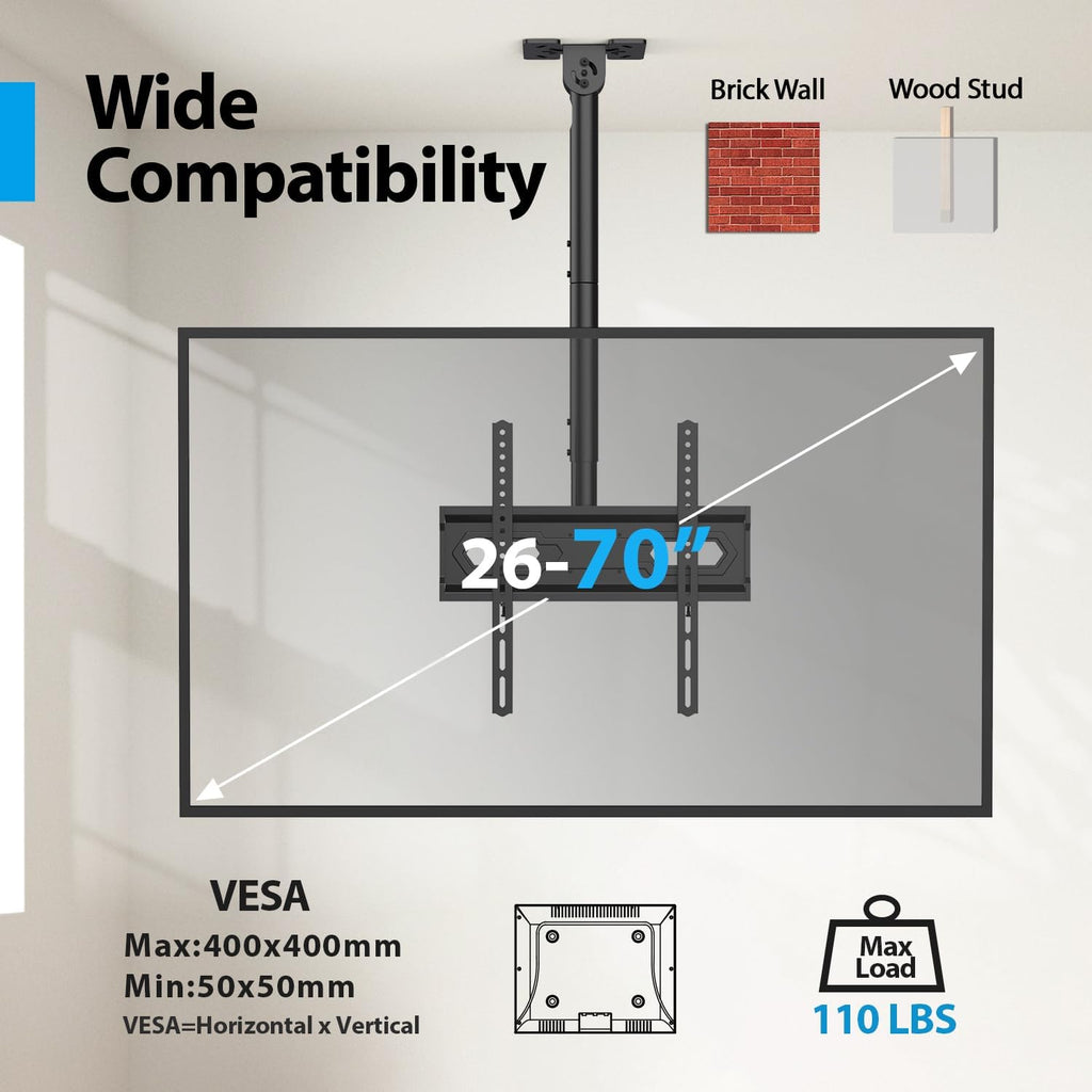 Ceiling TV Mount for 26-65 inch Flat Screen Displays, Adjustable Ceiling TV Bracket Fits Most LCD LED OLED TVs, 14.96Inch Single Extended Mounting Pole, Holds up to 110lbs, Max VESA 400x400mm - Image 4