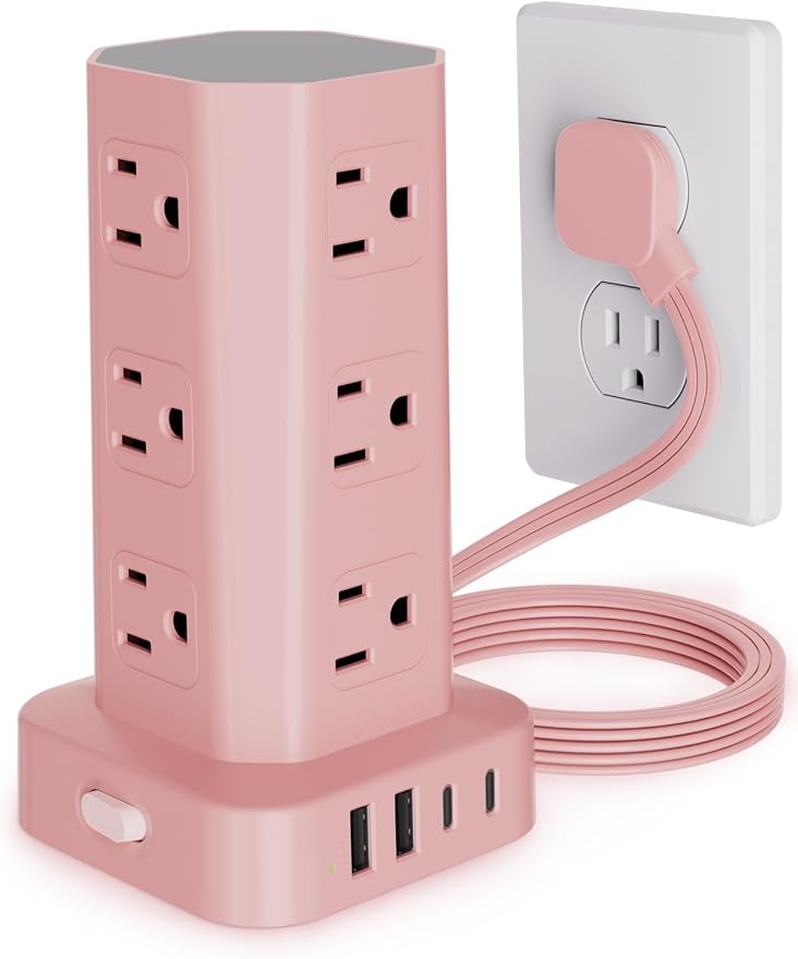 Power Strip Tower Surge Protector, 6FT Flat Plug Extension Cord with Multiple Outlets, 12 AC Outlets 4 USB (2 USB C), Desktop Charging Station with Surge Protection for Home Office Dorm Room, Pink by KZNXCVI