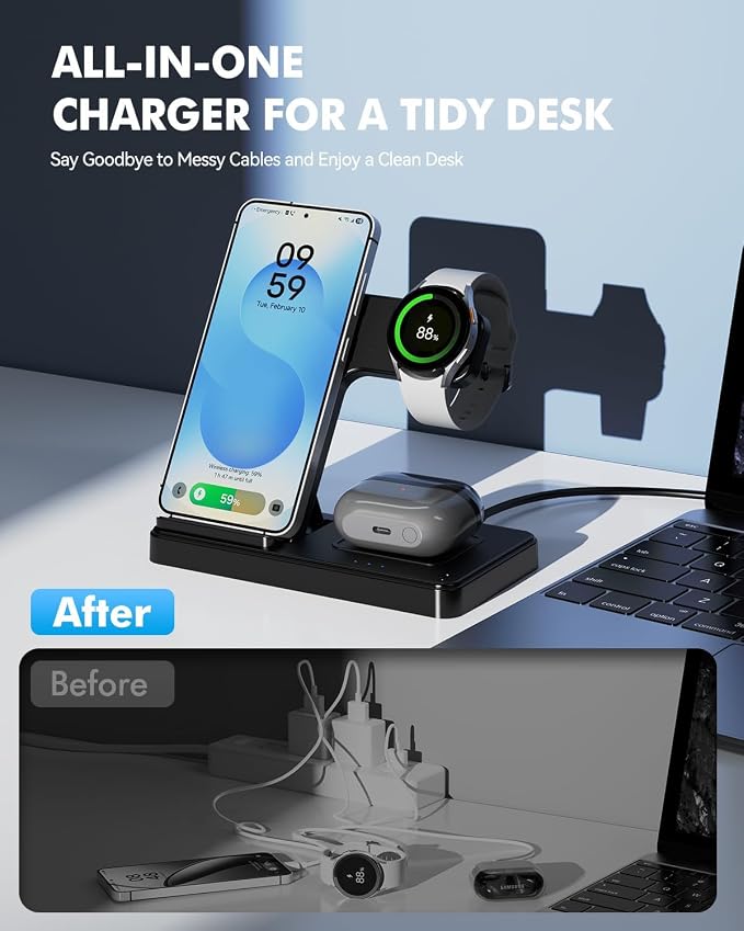 3-in-1 Charging Station for Samsung, Foldable Wireless Charger Stand | Android Phone and Watch Charger for Samsung S26/S25/S24/S23/S22/S21, Note 20/10, Z Fold 6/5, Galaxy Buds and Watch-Black - Image 6