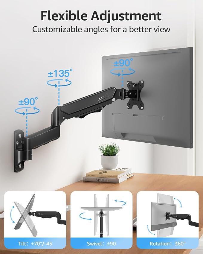 MOUNTUP Single Monitor Wall Mount for Max 32 Inch Computer Screen, Fully Adjustable Monitor Arm, Wall Mount Monitors Holder Support 4.4-19.8lbs Display, VESA Bracket Fit 75x75mm, 100x100mm - Image 3