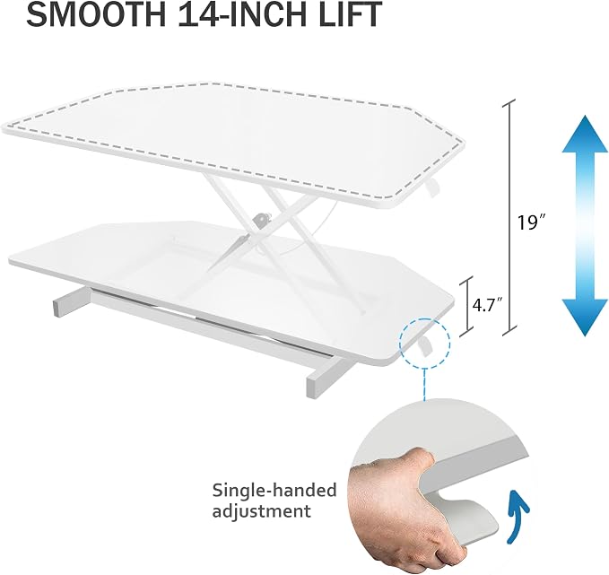 Aconcept 40 inch White Corner Height Adjustable Standing Desk Converter, One-Click Sit to Stand up Desk Riser, Pre-Assembled for Dual Monitor and Laptop Workstation - Image 2
