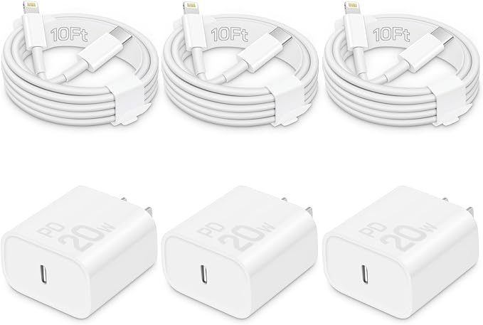20W Fast Charger for iPhone 14/13/12 [3-Pack, MFi Certified] | USB-C PD power adapter with 10Ft cable, compatible with iPhone 14/13/12/11/Pro Max/Pro/Plus/Mini, iPad & more by CXX