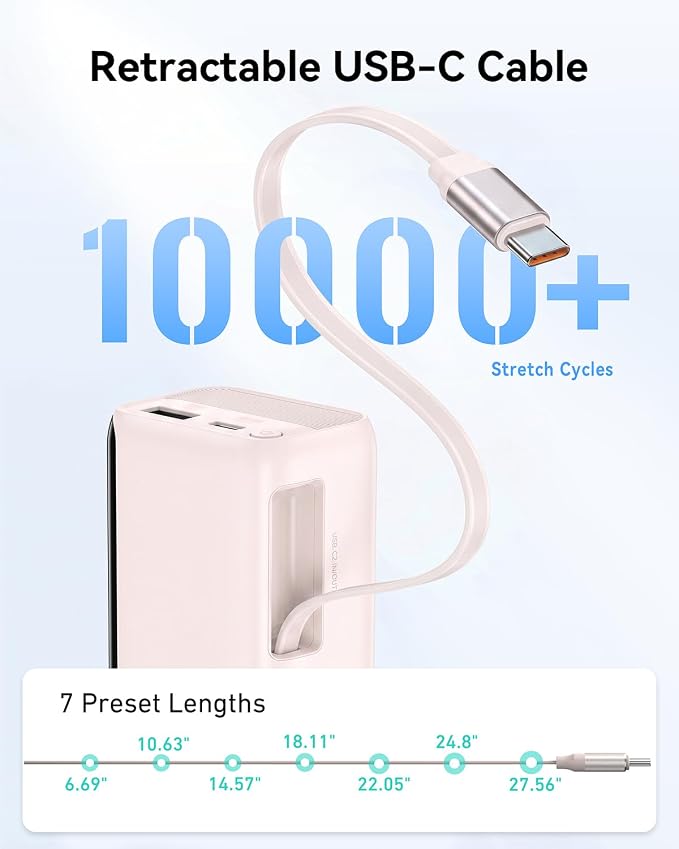 MOKiN Portable Charger with Built-in Retractable USB-C Cable, 45W Fast Charging 10000mAh Power Bank, Compact Travel Battery Pack for iPhone 17/16, Samsung Galaxy, iPad, Pixel and More - Image 5