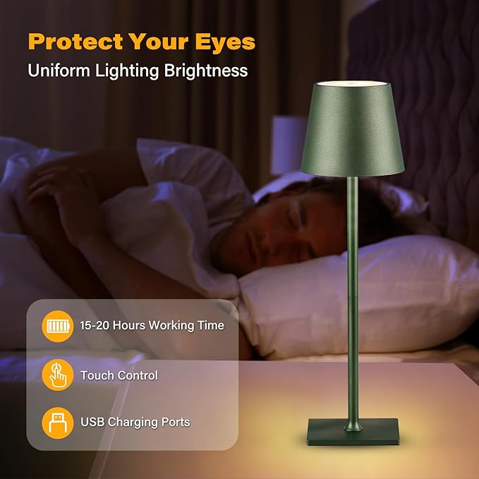 CHLORANTHUS 2 Pack Cordless Table Lamps, 3 Colors Stepless Dimming, 5000mAh Rechargeable Battery LED Desk Lamp for Bedroom/Couple Dinner/Desk/Cafe/Dining Room/Terrace - Image 6