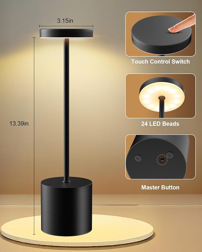 Swinerton Black Cordless Table Lamp, Rechargeable 5000mAh Battery Powered Wireless Table Light, 3 Color Dimmable Lighting, Patio Outdoor Table Lamp, Bedside Night Lamp, Ambient Light for Dining - Image 9