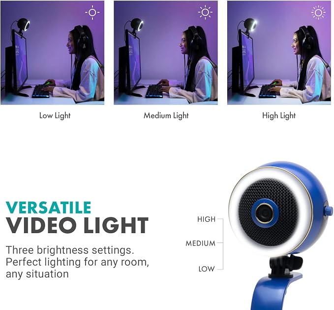 Movo WebMic HD Pro All-in-One Webcam with Mic and Ring Light in Royal Blue- 1080p HD Camera, Pro Cardioid Condenser Microphone, LED Ring Light - HD Webcam for Streaming, Video Calls, Recording, Gaming - Image 6