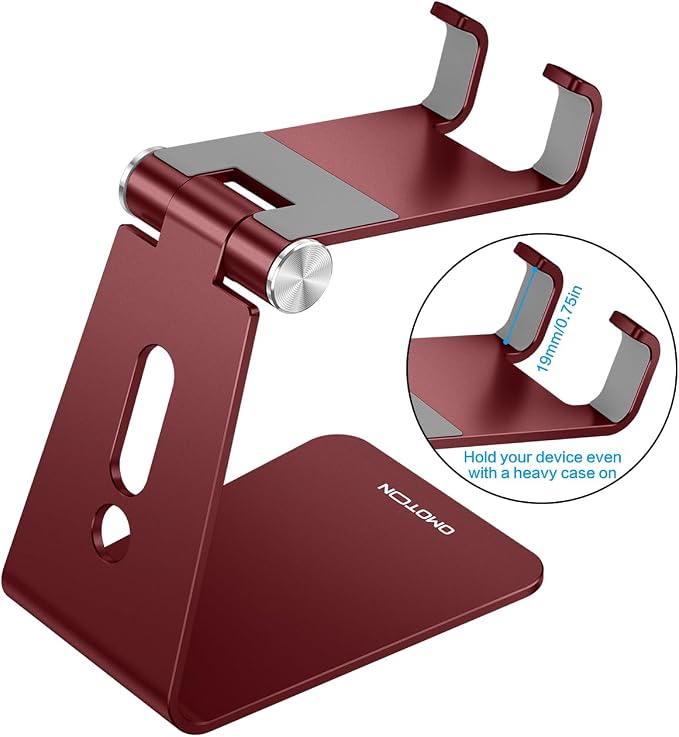 OMOTON C2 Adjustable Cell Phone Stand with Charging Cutout, Cherry Red | Sturdy 3mm Aluminum, Charging Port, 270° Adjustable, Non-Slip Silicone Pads, Works with Thick Cases, for All Smartphones - Image 2