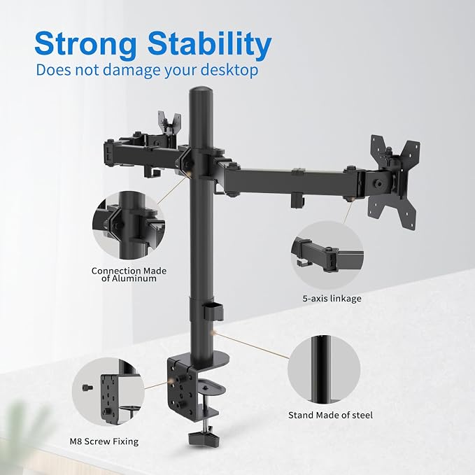 Dual Monitor Mount for 17-27 Inch Monitors up to 17.6 lbs, Desk Clamp | ±45° Tilt | ±90° Swive l 360° Rotation | Height Adjustable | C-Clamp Mount | Cable Management | VESA 75×75/100×100 mm - Image 6