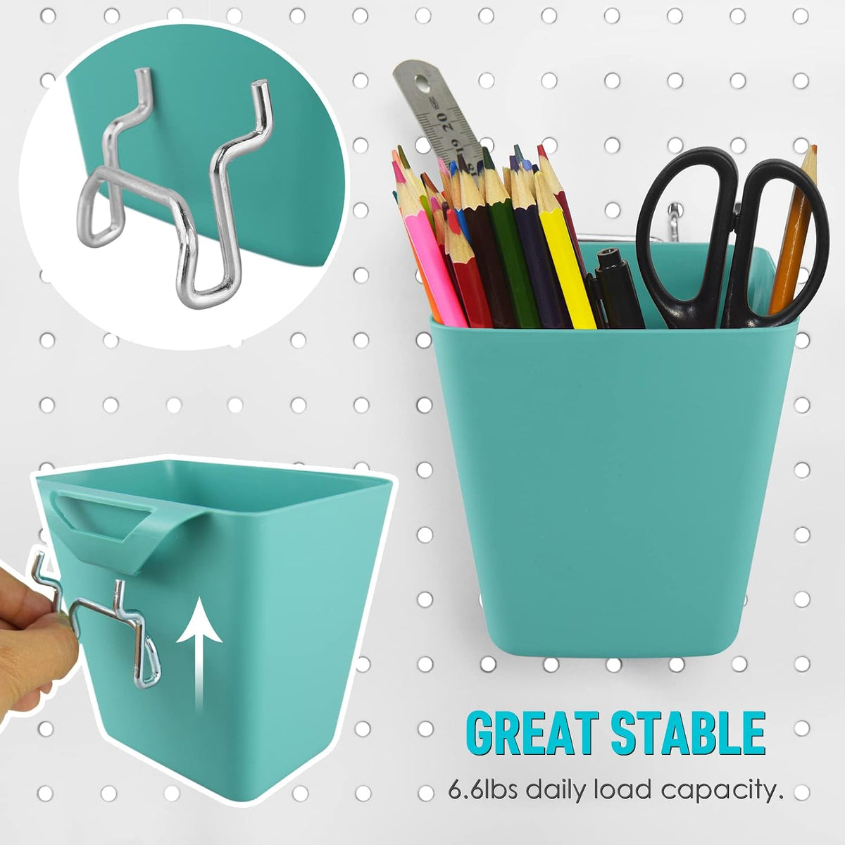 Large Pegboard Cups, 6Pack Peg Board Square Storage Bins With Hooks (Green) - Image 2