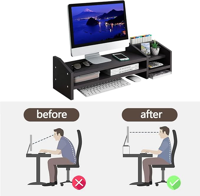 Computer Monitor Riser, 2 Tier Wooden Stand With Two Layer Storage Rack, Black Desktop Organizer for PC/Laptop, Home & Office - Image 5