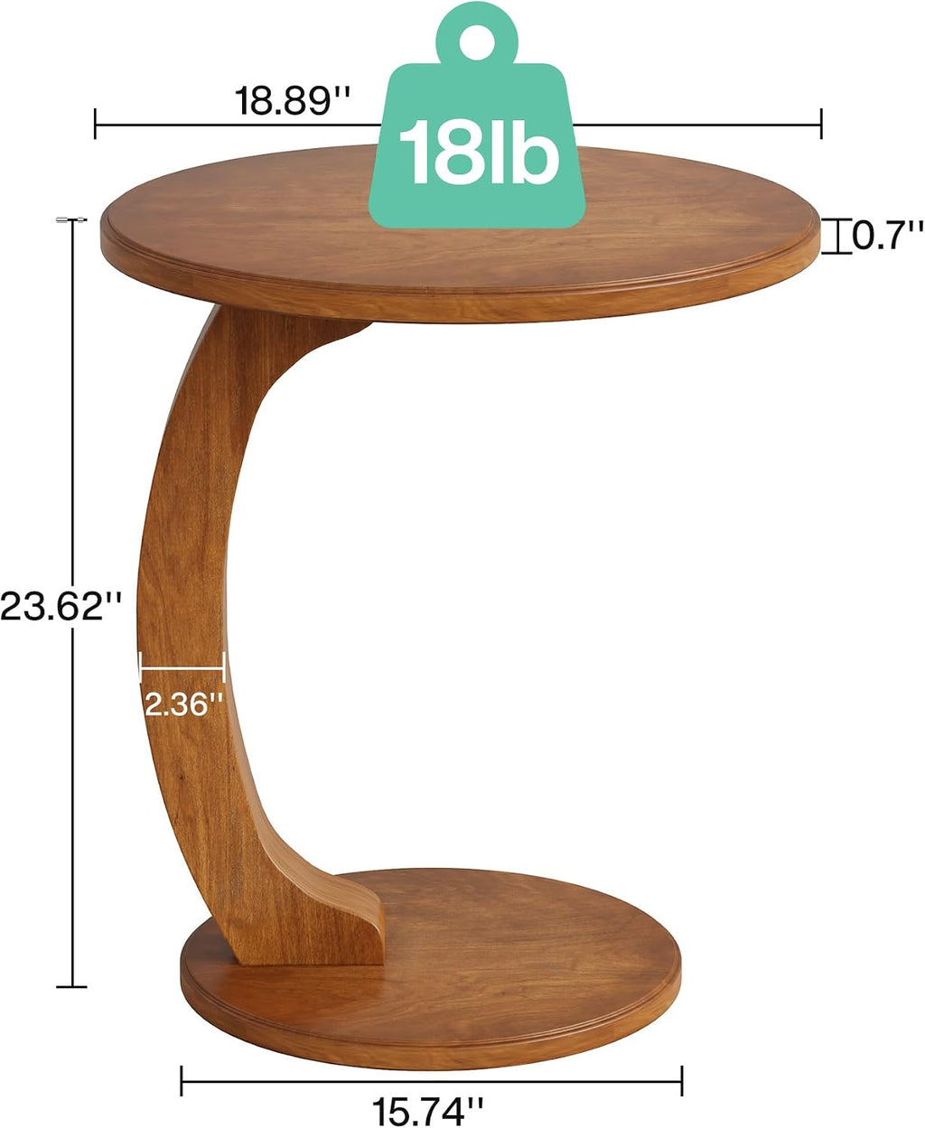 Tribesigns C Shaped End Table, Round Wood Side Table, Mid-Century Modern Style, Heavy Base, for Living Room, Bedroom, Small Space, Brown - Image 2