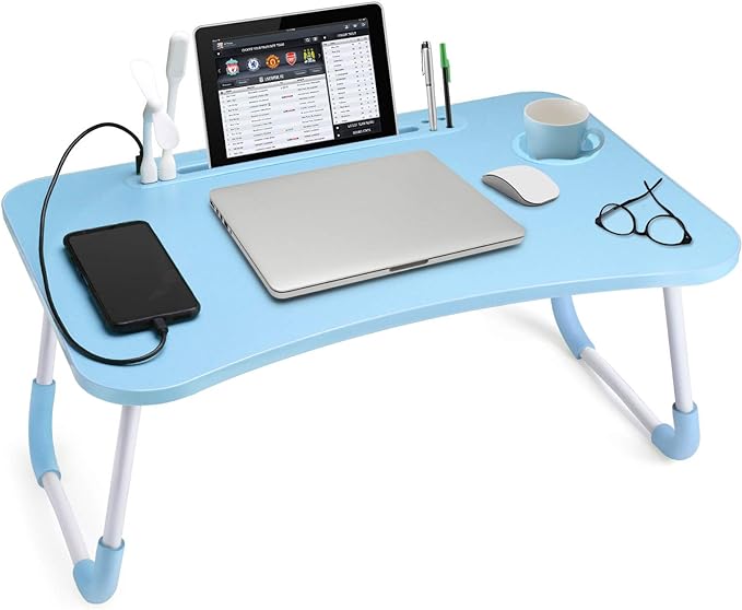 Slendor Foldable Lap Desk with Cup Holder for Bed, Couch, Floor | Portable,with USB Light, Fan, Pen Holder,Tablet Holder,for Laptop,Writing,Eating,Blue by Slendor