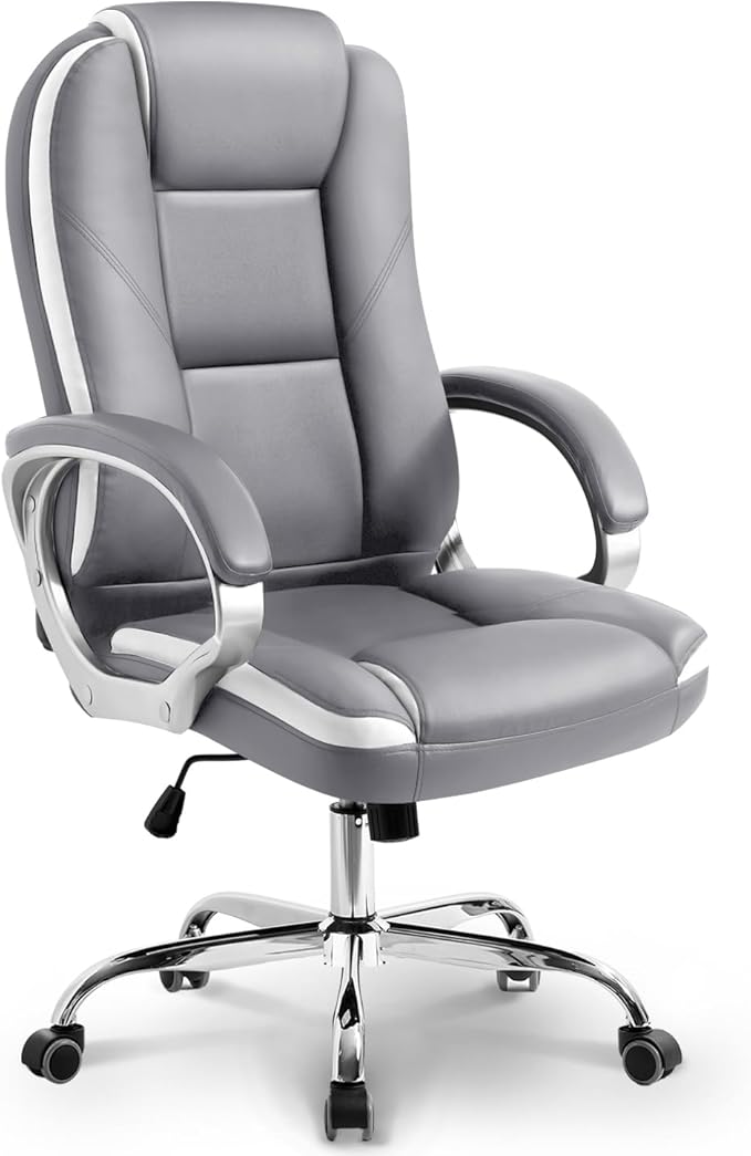 NEO CHAIR Office Desk Chair PU Leather Chair with Lumbar Support, Grey | Ergonomic High Back Executive Computer Chair, Comfortable Padded Fixed Armrests Swivel Chair with Wheels for Office/Home by NEOCHAIR