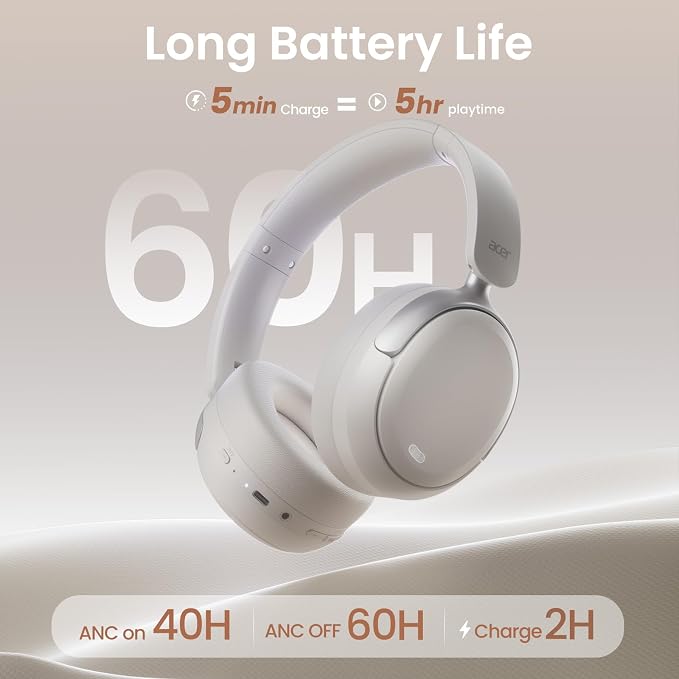 Acer OHR516 Noise Cancelling Headphones - Over Ear, 60H Battery, White | Memory foam for long wear, 40mm drivers for clear, USB-C fast charge, Light foldable for travel - Image 5