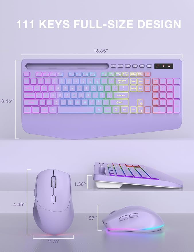 Wireless Keyboard and Mouse Combo, 9 Backlit Effects, RGB, 2.4GHz | Ergonomic Wrist Rest, Phone Holder, Rechargeable, Full Size, KM22 MAX Silent Set for Computer, Laptop, Mac, Windows (Purple) - Image 9
