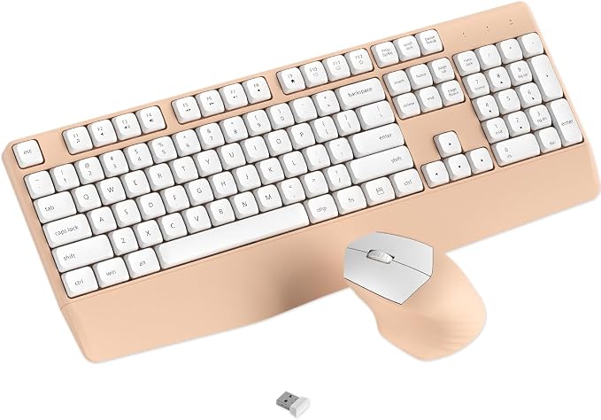 Ergonomic Wireless Keyboard and Mouse Combo with Wrist Rest, White Milk Tea | COVEVA Full Size Keyboard with 12 Dedicated Shortcuts, Smart Auto-Sleep, 2.4GHz Receiver, Natural Typing for PC Laptop by COVEVA