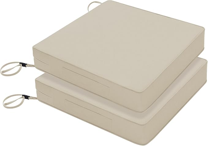 Favoyard Patio Chair Cushions 22 x 22 x 3 Inch Waterproof Outdoor Seat | Cushions for Patio Furniture 3-Year Color Fastness Garden Sofa Couch Chair Pads with Adjustable Straps Set of 2, Beige by OutdoorFurnitureAccessories