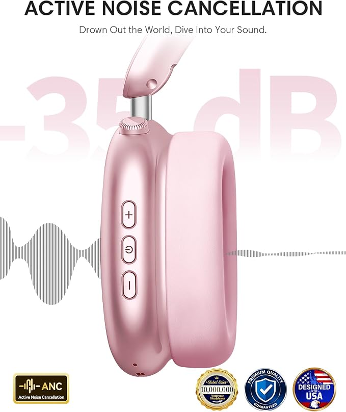Wentronic Y02 Active Noise Cancelling Wireless Headphones, Pink | Over-Ear, Bluetooth, 60H Playtime,Crystal Clear Calls, Hi-Res Audio, Big Bass, Foldable Lightweight for Travel Home Office - Image 4