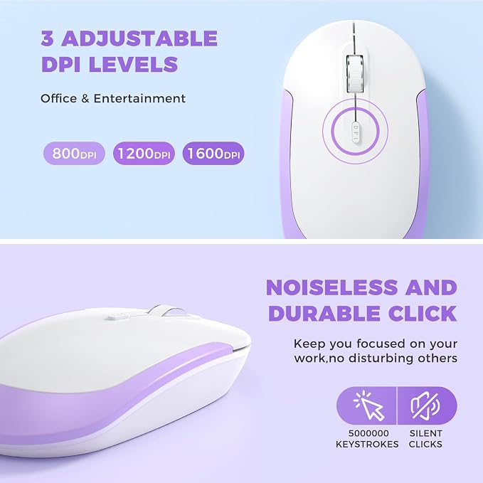 Vssoplor Wireless Keyboard and Mouse, Rechargeable Ultra Slim, Lavender | Quiet Full-Size Keyboard and Mouse Combo Set, for Laptop, PC, Notebook, Desktop, 2.4GHz Stable Connection, Ideal for Office - Image 5