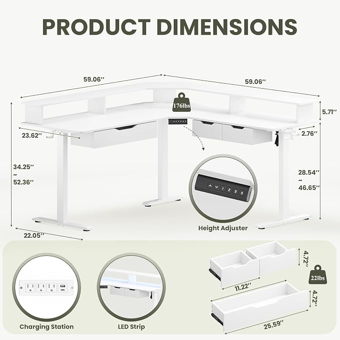 MALOL 59" L Shaped Electric Standing Desk with Drawers, Height Adjustable Desk with Power Outlets & LED Lights, Monitor Stand, Corner Computer Desk for Home Office, White - Image 2