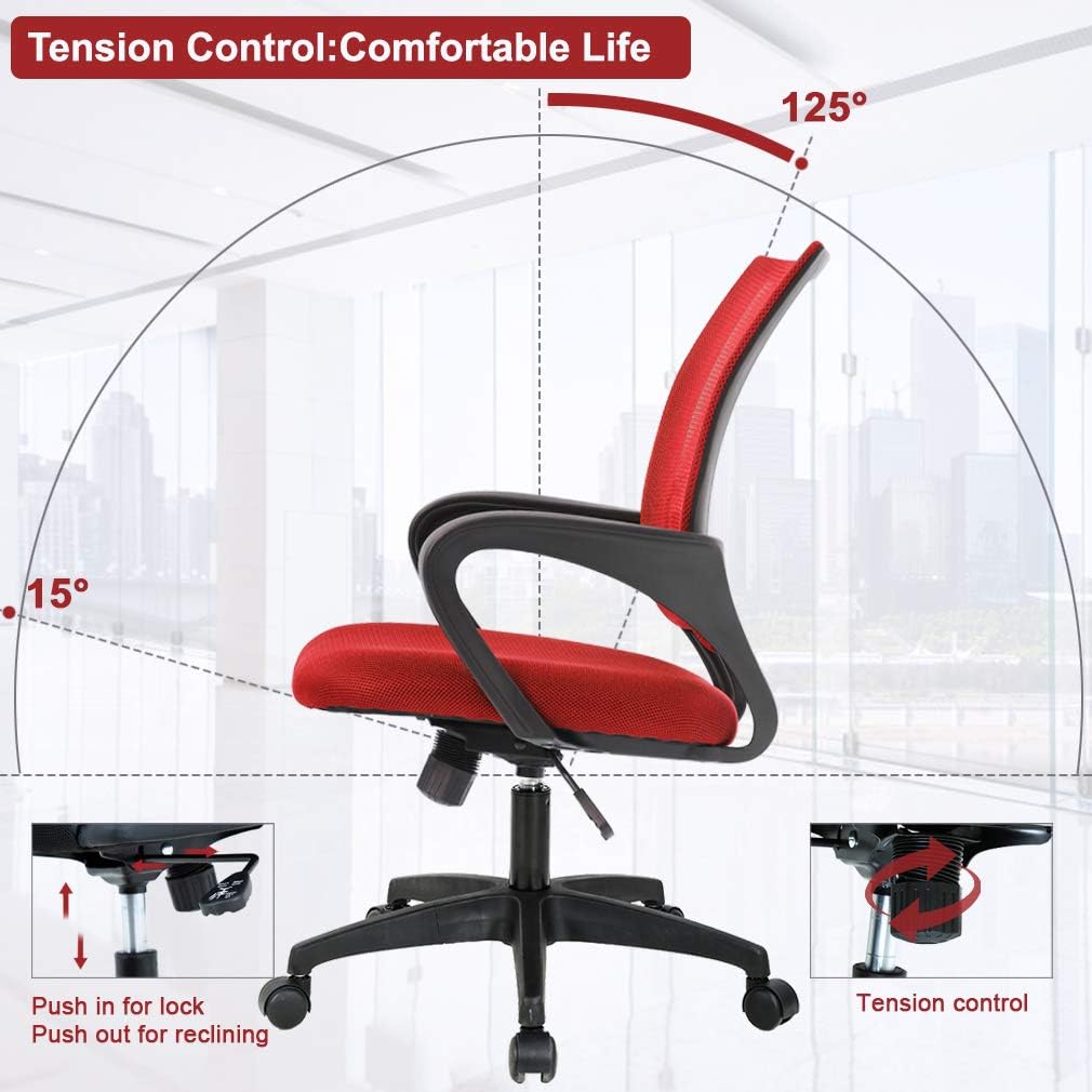 BestOffice Home Office Chair Ergonomic Desk Chair Mesh Computer Chair with Lumbar Support Armrest Executive Rolling Swivel Adjustable Mid Back Task Chair,Red - Image 6