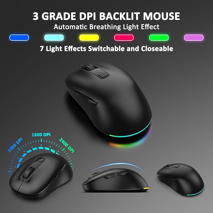 Wireless Keyboard and Mouse Combo, 9 Backlit Effects, 4000mAh Rechargeable Backlit Keyboard with Wrist Rest, 6 Button Mouse, 2.4G Full Size Quiet Keyboard Set for Computer, PC, Laptop, Mac, Windows - Image 7
