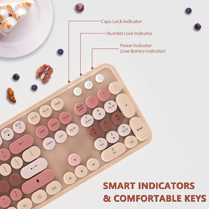 Cute Colorful Retro Typewriter Wireless Keyboard Mouse Combo | Retro Typewriter Keyboard with Round Keycaps, Full-Size Ergonomic, Ideal for Windows PC, Home, Office, - Image 3