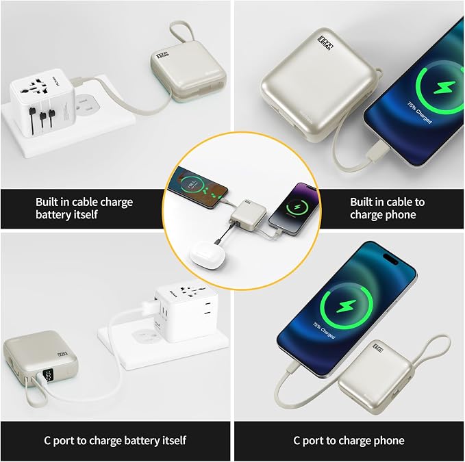 Hichain Small Portable Charger with Built in Cables LED Display Gold | Mini Power Bank 10000mAh 22.5W USB-C Fast Charging Battery Pack, Travel Essential Power Bank for iPhone, Samsung, Android - Image 4