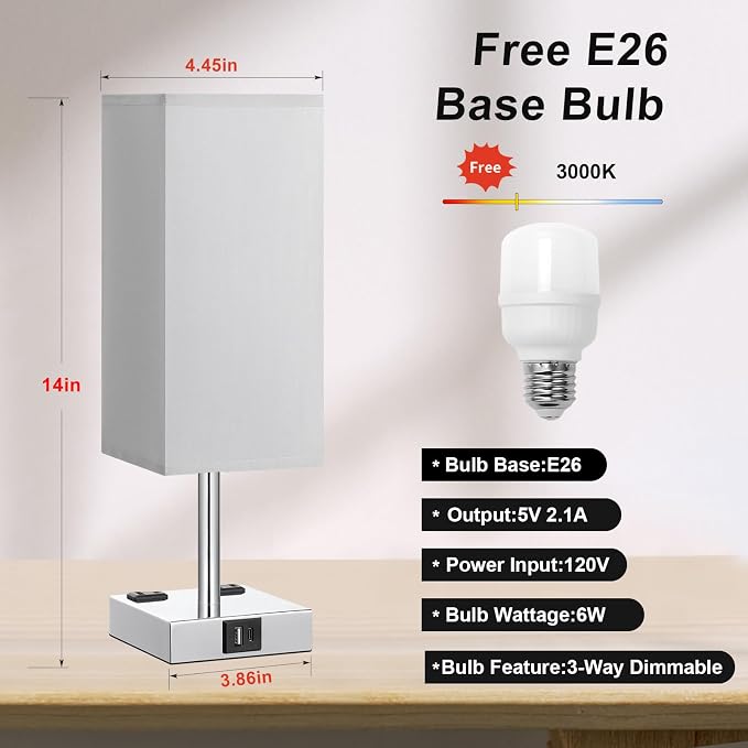 Set of 2 Grey Touch Table Lamp for Bedroom, Dimmable, USB C+A, 2 AC Outlets | 3-Way Dimming, 3000K Bulb Included, Square Grey Lampshade and Silver Base, Desk Lamp for Nightstand, Living Room, Dorm - Image 5
