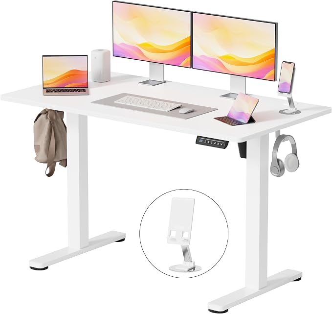YESHOMY Height Adjustable Electric Standing Desk, 46 x 24 Inches Memory Home Office Sit Stand up Desk with Phone Holder and USB Charging Port, White by SearchallYESHOMY