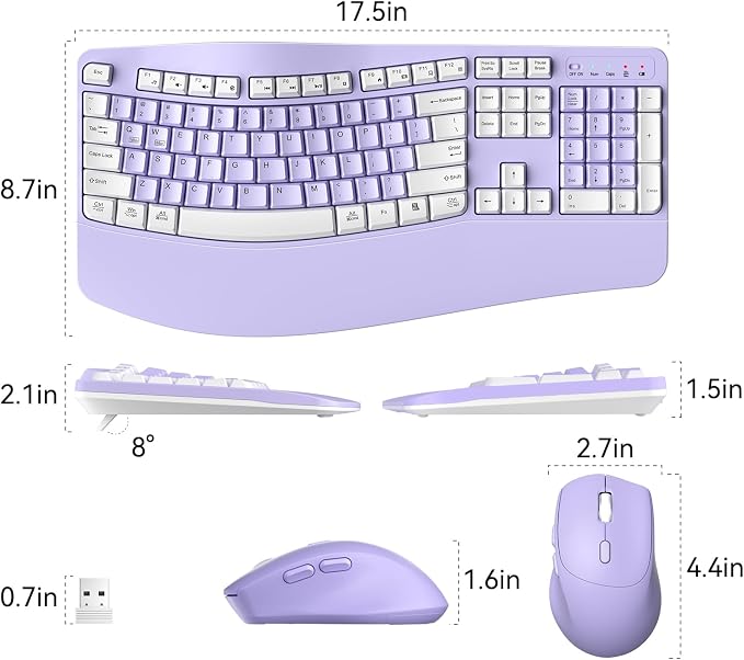 Wireless Keyboard and Mouse Combo,2.4G Ergonomic Wave Keys(Purple-A) | Full Size Cordless Keyboard with Wrist Rest,3-Level DPI Ergonomic Mouse for Office and Home,Windows/Mac OS/Desktop/Laptop/PC - Image 8