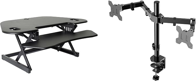 Rocelco 46" Height Adjustable Corner Standing Desk Converter with AC Outlet USB Charger and Dual Monitor Arm Mount - Stand Up Tabletop Riser Workstation - Keyboard Tray - Black (R CADRB-46-ACUSB-DM2) by Rocelco