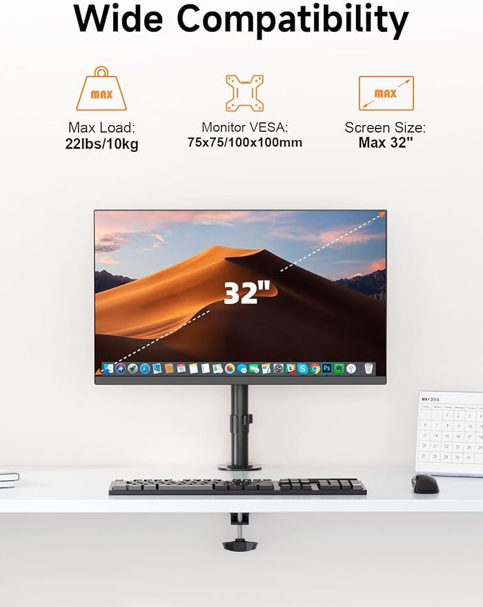Single Fully Adjustable Monitor Arm Stand Mount Fits One Screen 13-32 inch 22lbs for Monitor Computer Screen 13 15 17 19 20 22 23 24 26 27 30 32 inch VESA 75 100 (MD7401) - Image 3