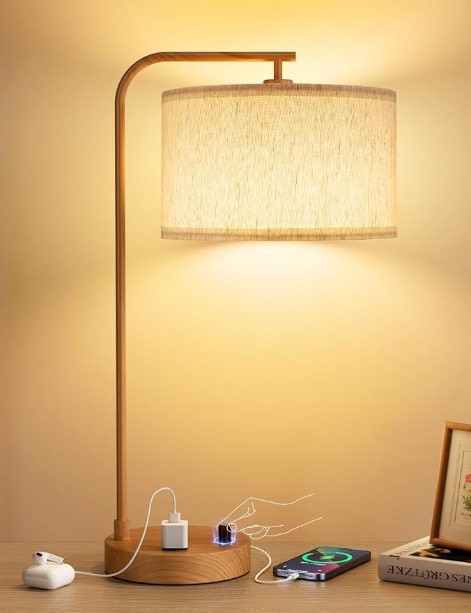 Innqoo Wood Table Lamp for Bedroom with USB Port and Outlet, Dimmable Nightstand Bedside Lamps with Linen Lampshade, Desk Lamp for Home Office, Living Room, Guest Room, LED Bulb Included by Innqoo