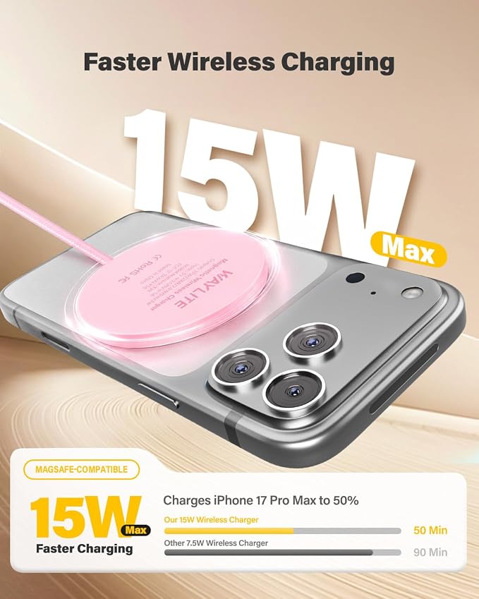 6FT Magnetic Wireless Charger Charging Pad - 15W Fast Phone Charger for Apple iPhone 17 16 15 14 13 12 Series & AirPods 4 3 2 Pro, Phone Charging Pad with Plug for Desk & Travel, 2Pack Pink - Image 2