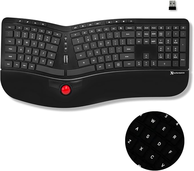 X9 Performance Ergonomic Wireless Keyboard with Trackball - Rechargeable, Backlit, Built in Mouse Buttons - 2.4G Split Keyboard Wireless for Windows PC and Chrome - All in One Typing Solution by X9Performance