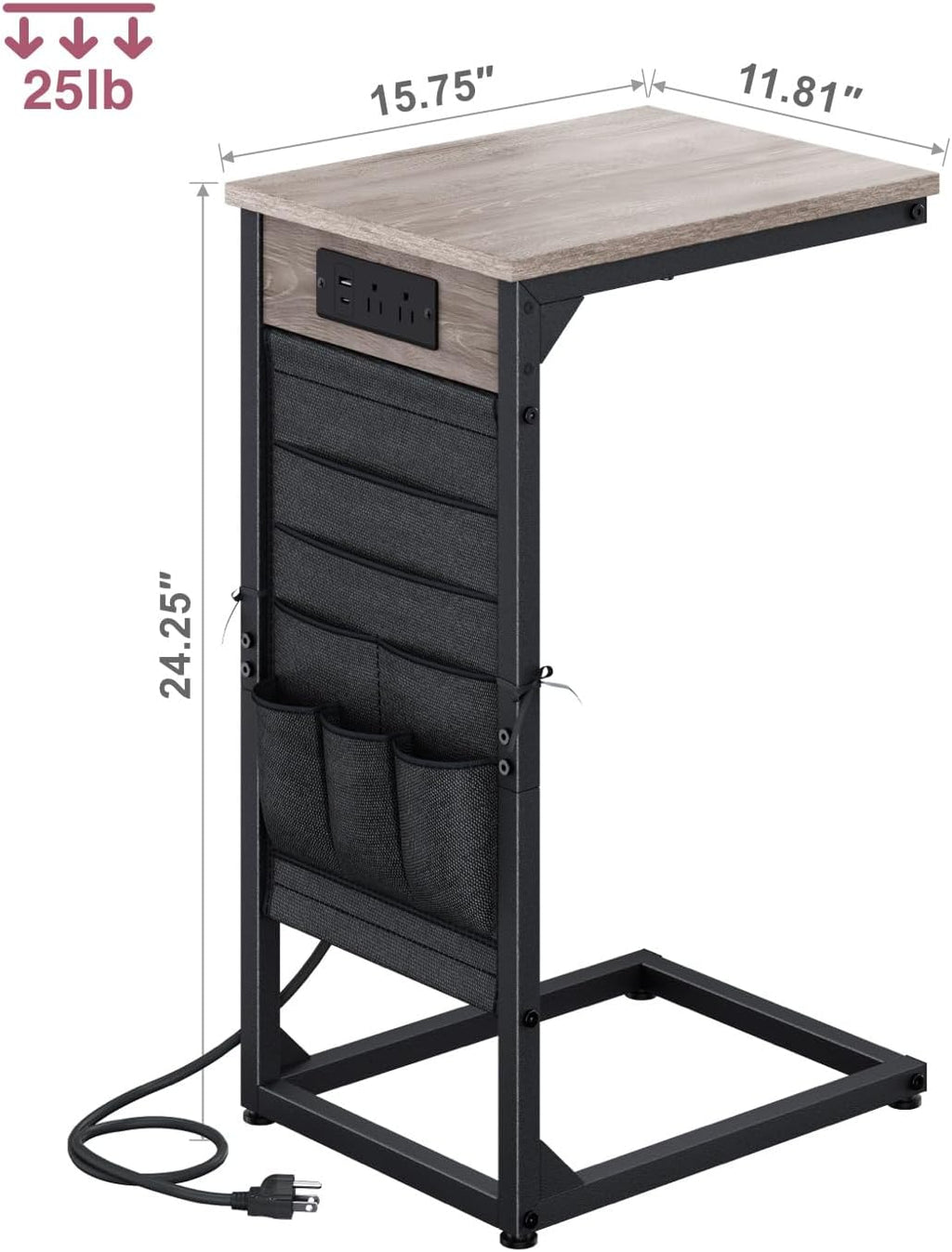 C-Shaped End Table with Fast-Charging Station, Small Couch Side Table with Storage Bag, Sofa TV Tray Table for Living Room, Bedroom, Bedside ET-GY-1 - Image 2