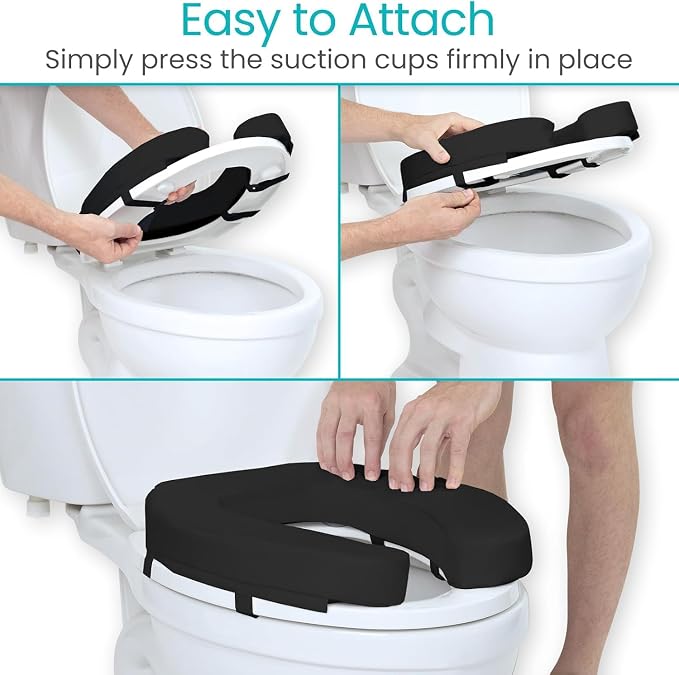 Vive Toilet Seat Cushion (Soft Cushioned Foam) - Easy Clean Padded Bathroom | Attachment - Elongated, Standard Seats - Comfort and Support Donut for Handicap, Adults (2" Cushioned Foam, Black) - Image 6