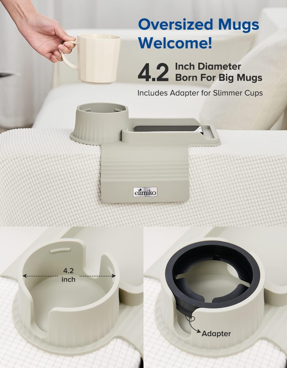 Couch Cup Holder Tray, Elimiko Silicone Sofa Drink Holder with Large Cup Holder and Tray, for Oversized Mugs/Long Remote/Snacks/Cellphone (Griege) - Image 3