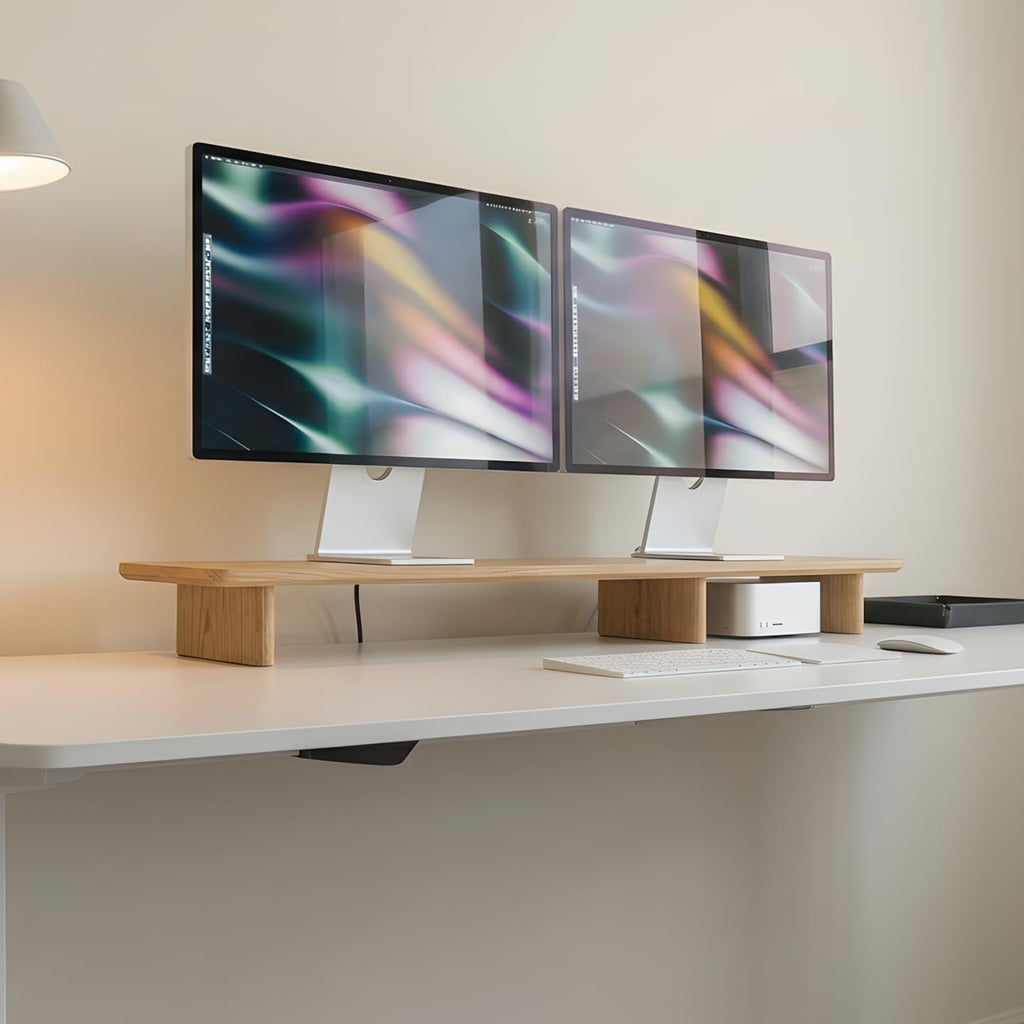 White Oak Dual Monitor Stand Riser - 43.3" Wooden Monitor Stand for 2 Monitors, Minimalist Desk Shelf Organizer for iMac, Laptop & Ultrawide Displays - Image 6