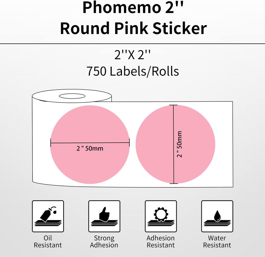 Phomemo Genuine 2” Pink Circle Thermal Labels, 2x2 Self-Adhesive Round Sticker Label, Circular Direct Labels Compatible with Phomemo Shipping Labels Printer, 750 Labels/Roll, White,Commercial Grade - Image 2