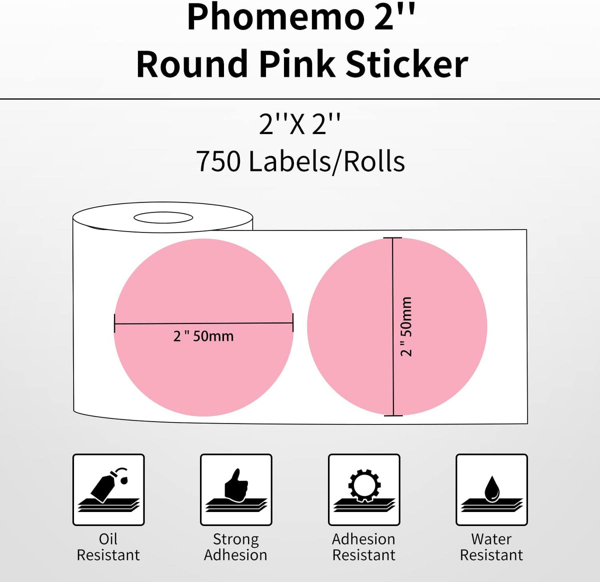 Phomemo Genuine 2” Pink Circle Thermal Labels, 2x2 Self-Adhesive Round Sticker Label, Circular Direct Labels Compatible with Phomemo Shipping Labels Printer, 750 Labels/Roll, White,Commercial Grade - Image 2