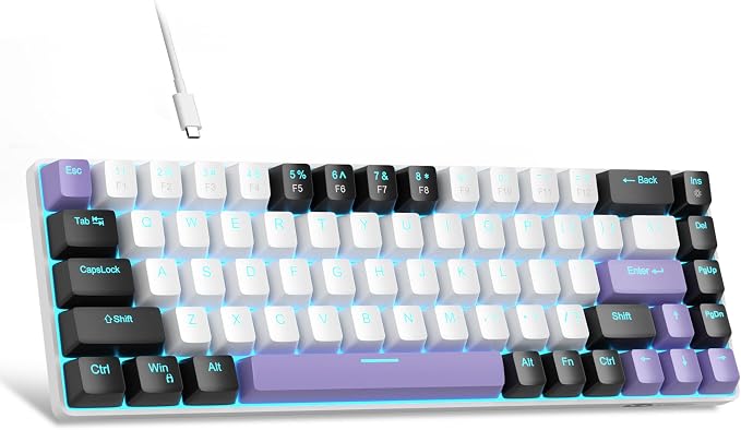 MageGee Portable 60% Mechanical Gaming Keyboard, MK-Box LED Backlit Compact 68 Keys Mini Wired Office Keyboard with Red Switch for Windows Laptop PC Mac - White/Purple by MageGee