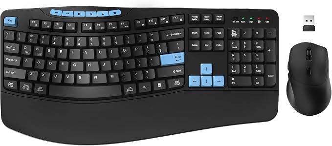Wireless Keyboard and Mouse Combo, 2.4G Ergonomic Wave Keys(Blue Black) | Full Size Keyboard with 6 Multimedia Keys, Ergonomic Keyboard with Wrist Rest, 3-Level DPI Silent Mouse for Windows/Laptop/PC by Unknown