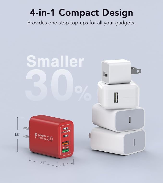 [2-Pack] 40W USB C Charger Block, 4-Port Type C Fast Charging Brick Dual PD&QC Wall Plug Adapter Power Brick for iPhone 13/14/15/16/17/Pro/Pro Max/Plus/iPad/Airpods/iwatch/Samsung Galaxy (Red) - Image 5