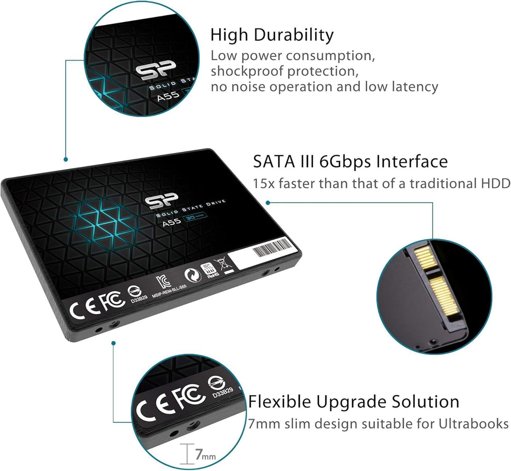 Silicon Power 1TB SSD 3D NAND A55 SLC Cache Performance Boost SATA III 2.5" 7mm (0.28") SSD Internal Solid State Drive (SU001TBSS3A55S25EC) - Image 6