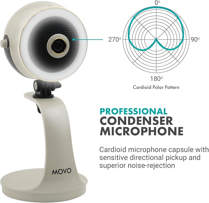 Movo WebMic HD Pro All-in-One Webcam with Mic and Ring Light in Pearl White- 1080p HD Camera, Pro Cardioid Condenser Microphone, LED Ring Light -HD Webcam For Streaming, Video Calls, Recording, Gaming - Image 5